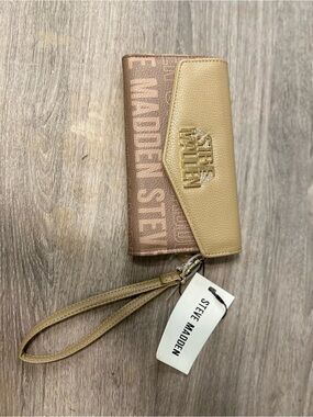Steve Madden Tan and Beige Logo Wristlet
